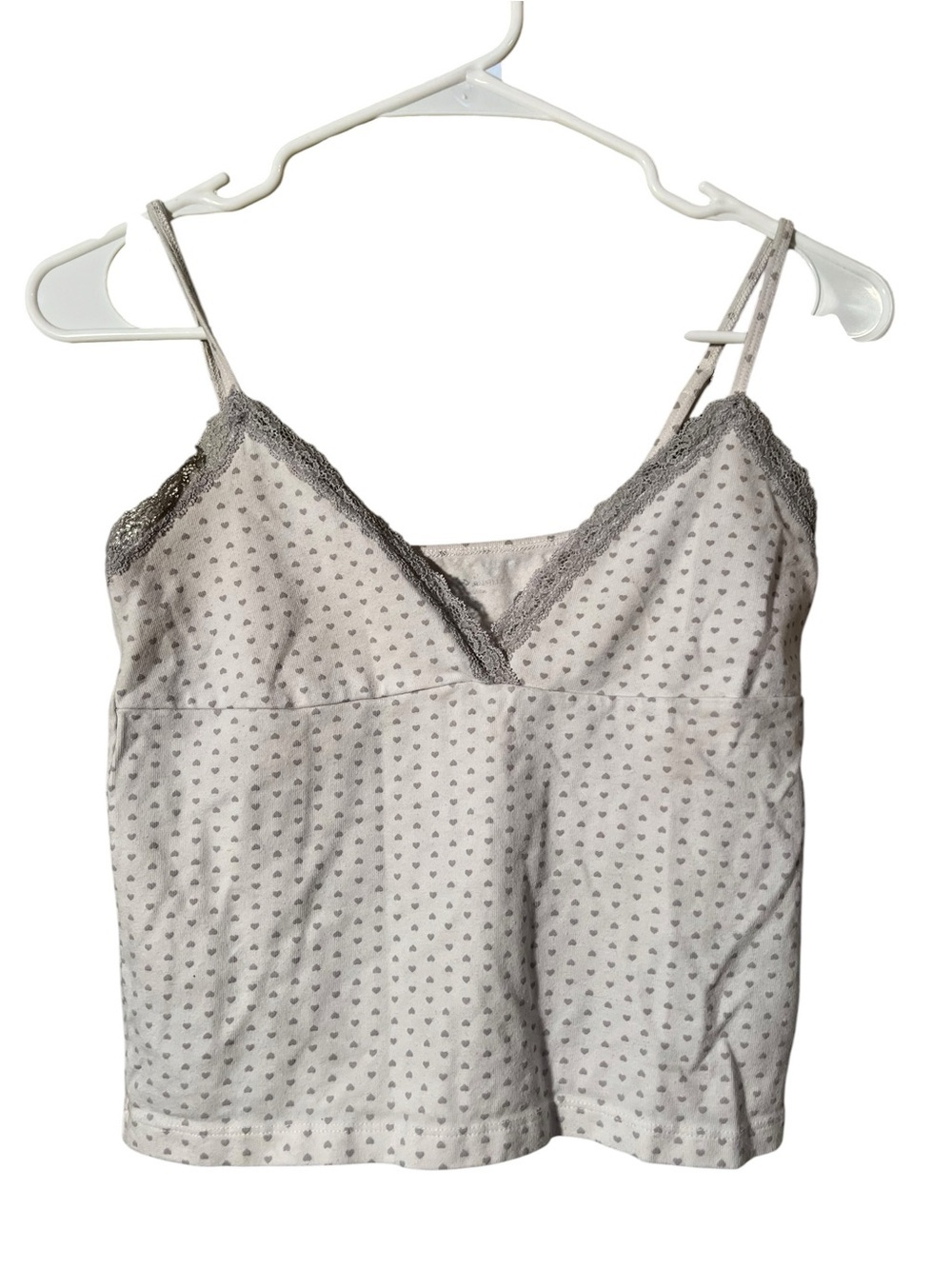 Brandy Melville Women's One Size Camisole Tank Top White Gray Heart Pattern Lace